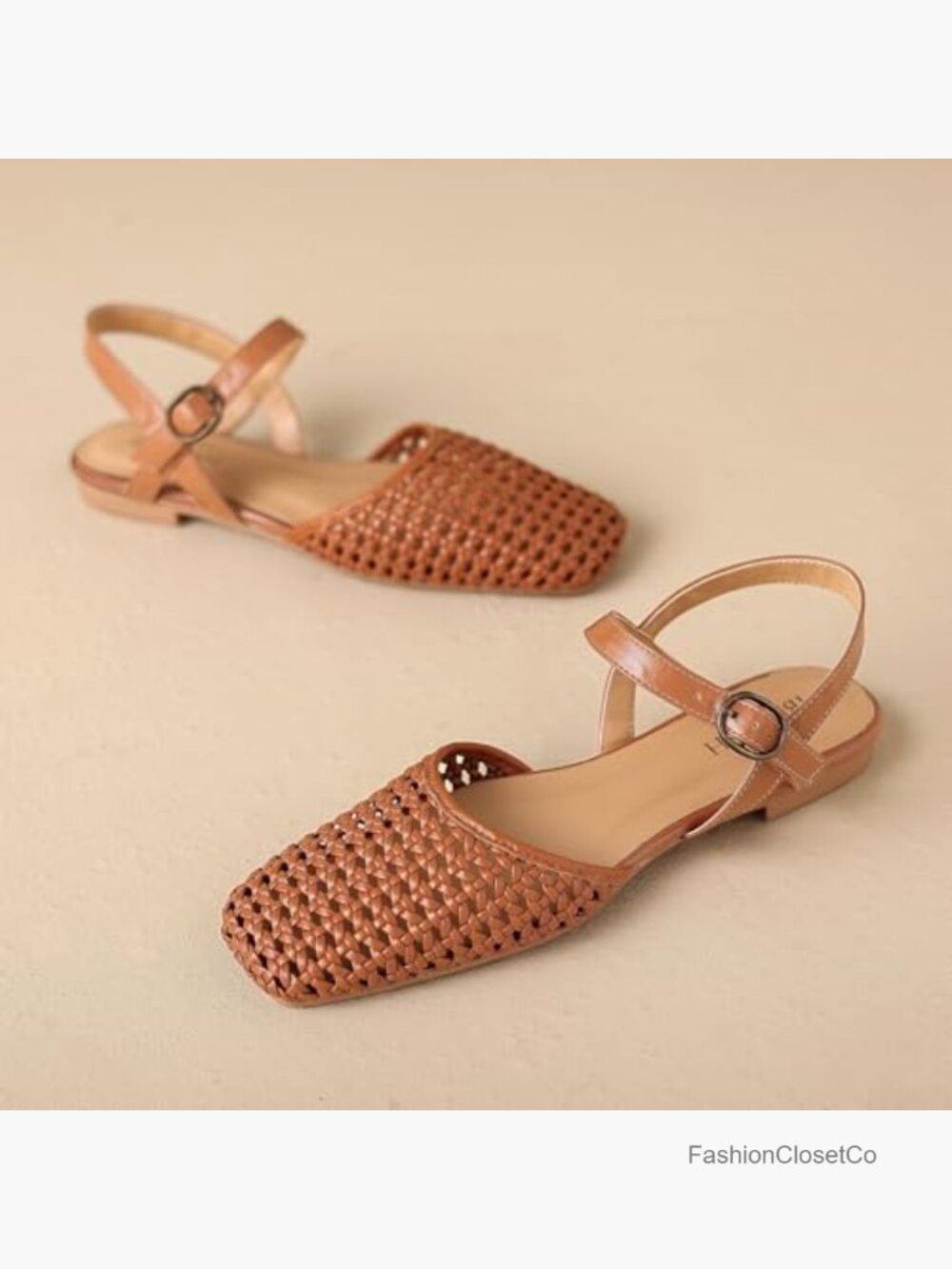 Woven Slingback Flats Square Toe Ankle Strap Buckle Closure Comfortable - Picture 3 of 7